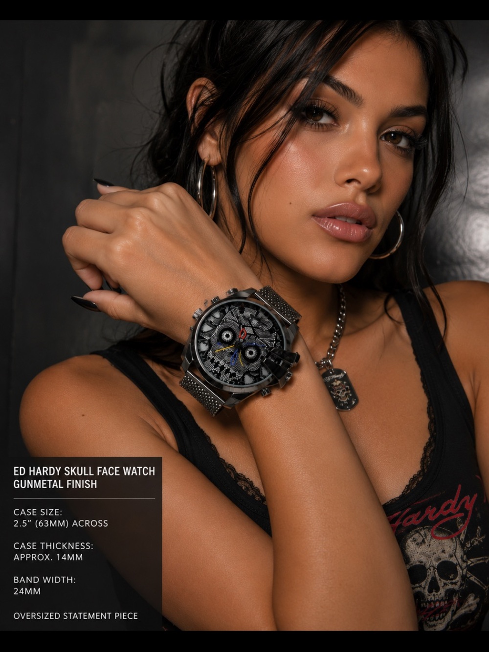 Ed Hardy Gunmetal Skullface Mesh Band Watch NEW IN BOX - Picture 5 of 6